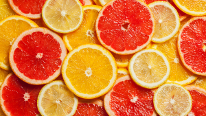 Winter Citrus Fruits sliced in a pile.